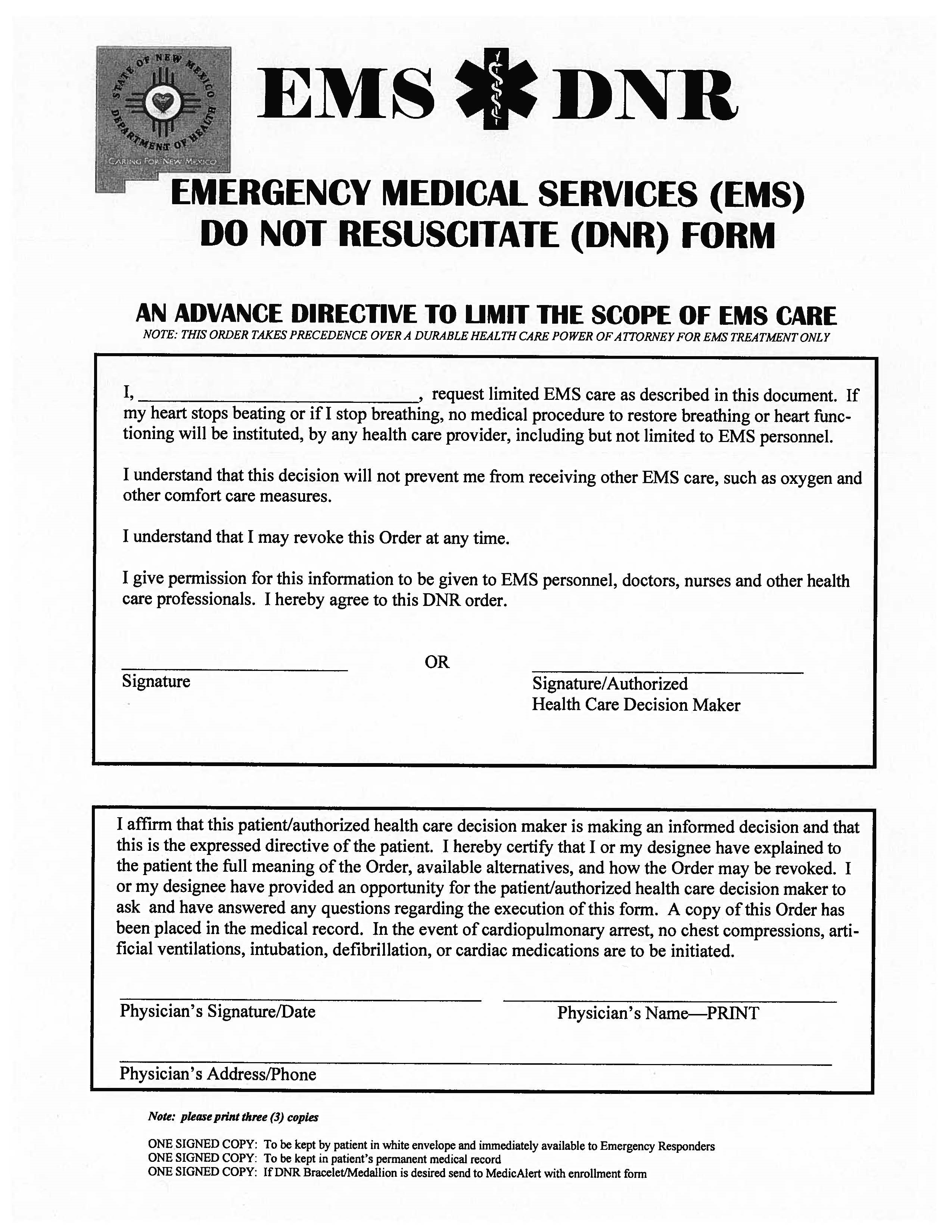 New Mexico EMS DNR form, page 2