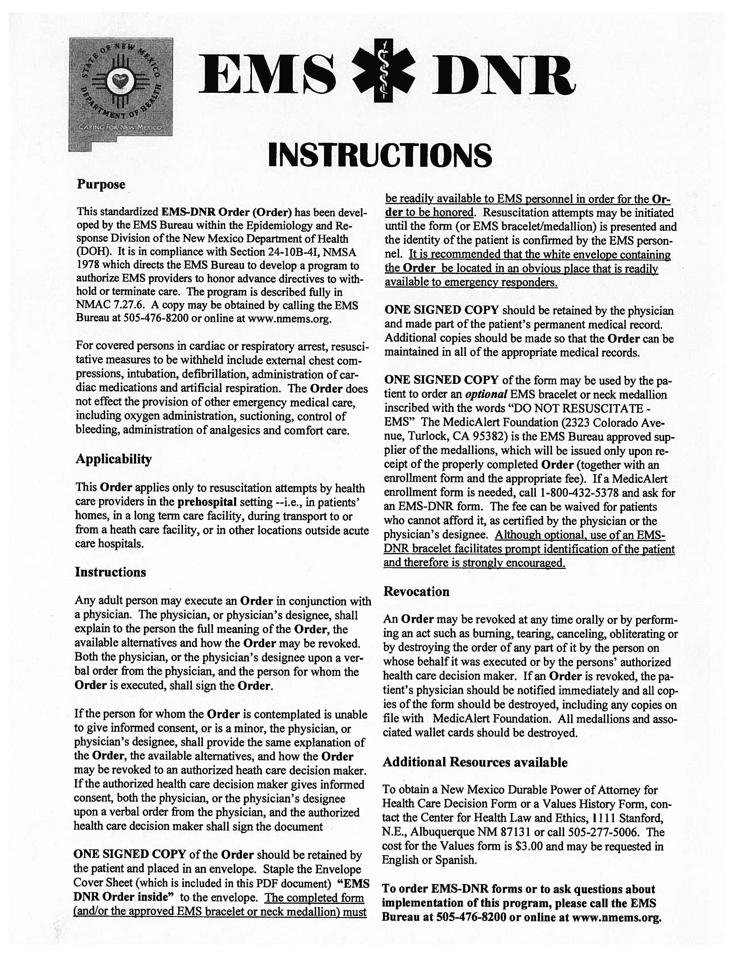 New Mexico EMS DNR form, page 1